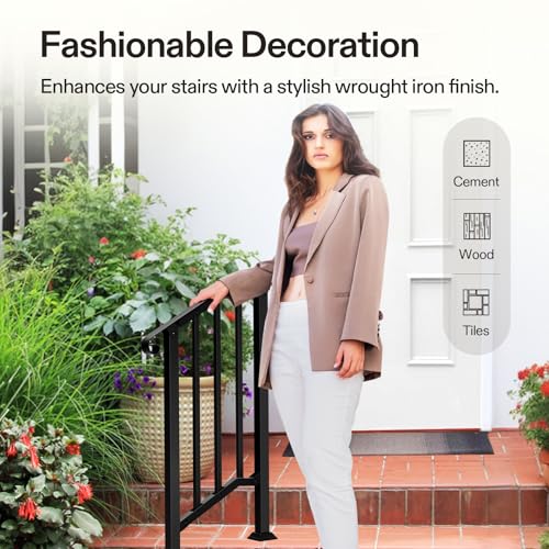 Image of VIVOSUN Outdoor Handrail, 2 Step Stair Handrail, 26 inch x 36 inch Fits 1 to 2 Steps, Wrought Mattle Iron Stair Railing with Curved Ends and Balusters for Concrete Steps, Porch Steps, One-step Assembly, Black