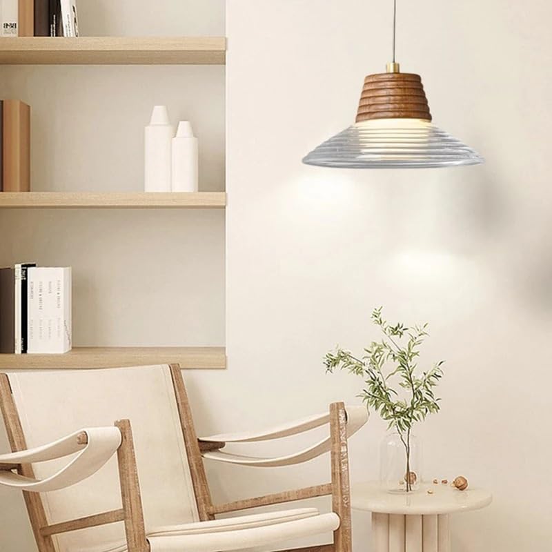 Lampe suspendue chapeau en bois de noyer et verre pour chambre chic
