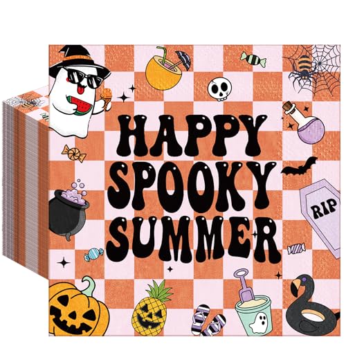 Tenceur 50 Pcs Summer Halloween Paper Napkins Cartoon Ghost Luncheon Napkin Disposable Dessert Dinner Hand Napkins for Halloween in Summer Party Supplies Decor