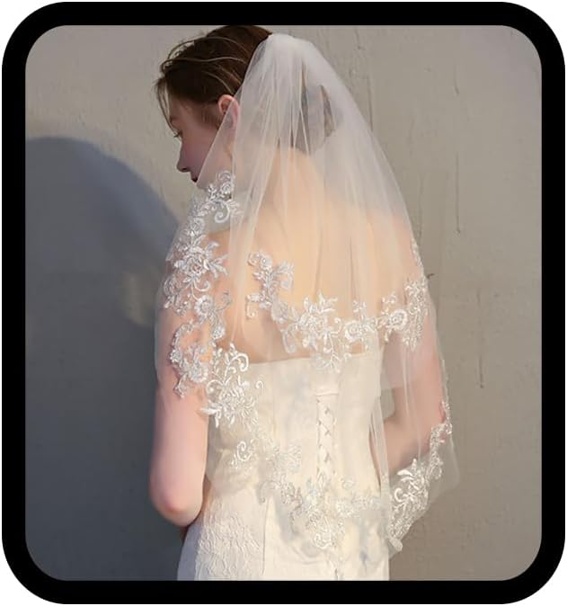 Wedding Lace Veil Short Sparkle Waist Veils 2 Tier Soft Tulle Bridal Veils with Comb (White)