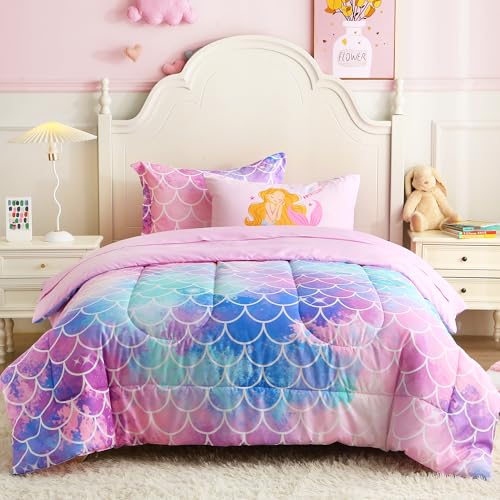 lasoftan Kids Mermaid Twin Comforter Set 5-Piece Soft Fluffy Bed-in-a-Bag with Comforter Fitted Sheet Flat Sheet Pillowcase Pillow Sham Deep Pocket 15 All-Season Purple Mermaid Twin