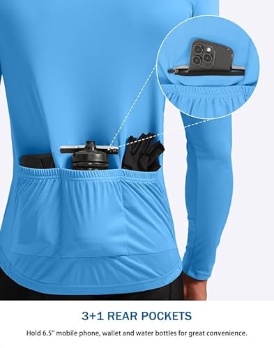 Men's Cycling Jersey Moisture Wicking Long Sleeve UPF Half Zip Riding Bike UPF SPF UV Biking Bicycle Mountain Road Biker Cycle Sun Protection Shirts for Men Zipper Pockets(Sky Blue,L)