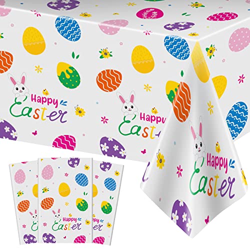 Image of 3 Pcs Easter Tablecloth-Happy Easter Bunny Table Cover, Disposable Plastic Rectangle Easter Colorful Eggs Table Cloth for Spring Easter Day Table Decorations and Party Supplies, 54 x 108 Inch
