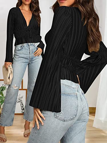 Zaful Women Deep V Neck Bell Long Sleeve Blouse Tie Knot Pleated Crop Top Solid Elegant Tunic Shirt Black #TOP3