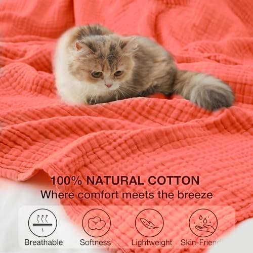 Image of 100% Cotton Muslin Blanket for Adults, 6-Layer, King, 108 x 90, Coral
