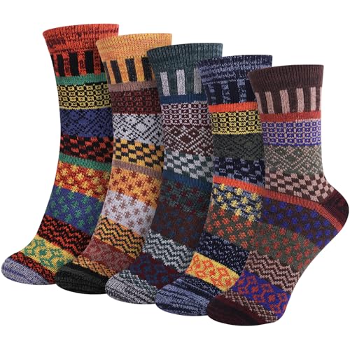 Riqiaqia 5 Paar Winter Merino Wool Socken Damen Warme Dicke Bunte Thermosocken Wollsocken Stricksocken Gemütlich und Atmungsaktive, Damen Geschenk Socken Einheitsgröße
