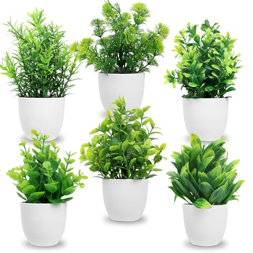 JOLIGAEA 6 Piezas Plantas Artificiales, Pequeñas Plantas Artificiales en Maceta, Plantas Artificiales de Plástico, Plásticos Mini Plantas Falsas para Mesa Estante Baño Oficina Casa Decoración - Blanco