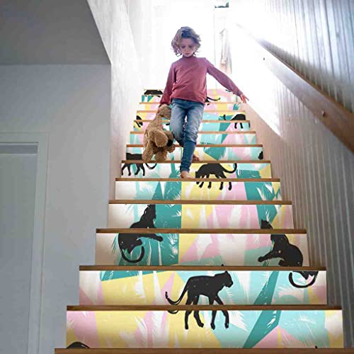 Johizuta Stair Stickers Set Of 13 Seamless Pattern With Abstract Leopards Jaguar In Tropical Jungle Decorative Staircase Sticker Decals Removable Murals For Stairs Risers Stairway,39.4"X7.1" #TOP3