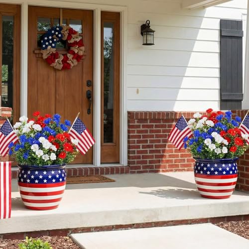 12 Pcs Red White Blue Artificial Flower Outdoor UV Resistant Petunias Patriotic Silk Flower 4th of July Decor USA Independence Short Stem Faux Cemetery Flowers Pot Window Garden 250 Anniversary Decor by Dingion - Used condition - Image 6