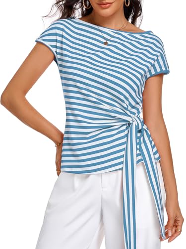 Image of HOTIAN Womens Cap Sleeve T Shirts 2026 Tie Waist Wrap Tops Crew Neck Blouses Dressy Casual Loose Work Business Dressy