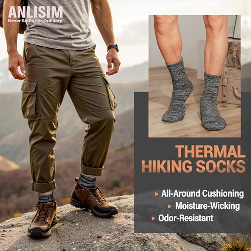 Anlisim Merino Wool Warm Boot Hiking Socks Thermal Extra Thick Winter Cozy Crew Comfy Cushioning Work Women Men Socks 4 Pairs4