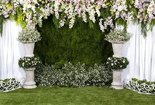 Laeacco Flowers Wedding Backdrop 10x8ft Greenery Wedding Party Backdrop Stone Planter White Curtain Green Ivy Wall Floral Marriage Bridal Shower Ceremony Photo Studio Prop Background