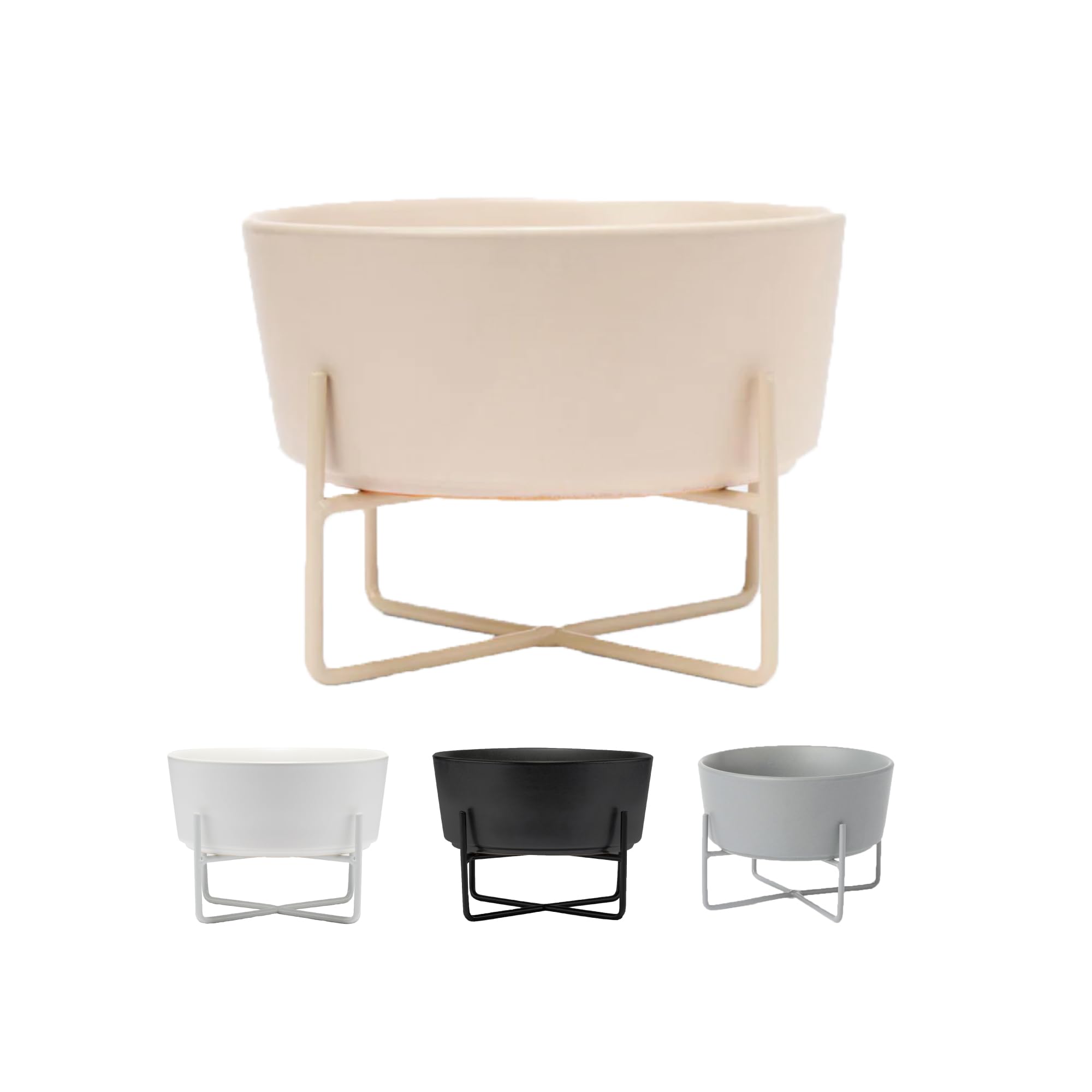 Waggo Simple Solid Dog Bowl and Dog Bowl Stand - Single Iron Stand with Single Ceramic Feeder or Water Bowl (Large, Matte Buttercream)