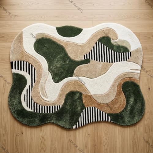 Image of Carpet for Living Room Irregular Abstract Shag Area Rug, Super Soft Fluffy Modern Designer Floor Rug. 3 x 5 Feet (91.44 x 152.40 cm) Green Multi