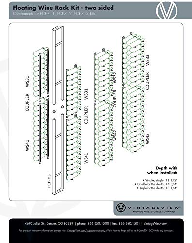 VintageView W Series Two-Sided Floating Wine Rack Kit (42 Bottles, Brushed Nickel) Stylish Modern Wine Storage with Label Forward Design