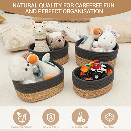 Lannvan Aufbewahrungskorb 4er Set aus Wasserhyazinthe und Baumwolle,Körbe Korb Geflochten Körbe Aufbewahrung Storage Basket Aufbewahrungskörbe für Bad Badezimmer Kinderzimmer Wickeltisch,Grau