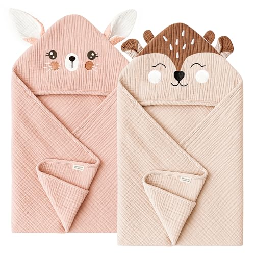Konssy 2-Pack Muslin Baby Hooded Towels, 100% Cotton, Soft and Absorbent Baby Bath Towels for Newborn, Infant & Toddler with Animal Hooded...