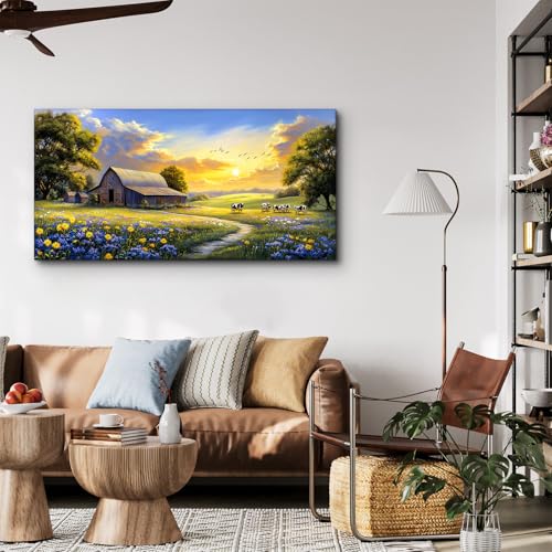 crmotu Rustic Farmhouse Wall Art, Nature Pastoral Landscape Large Artwork, Dairy Cow Farm Sunset Canvas Painting, Meadow Wildflower Pictures Wall Decor Living Room Kitchen Bathroom Art Prints 20X40 In