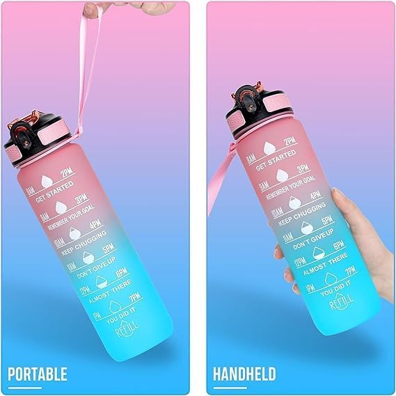Miniatura 5 de Botella de agua potable de pollo de 32 onzas con tiempos para beber y pajita, motivacional con correa de transporte, a prueba de fugas BPA y sin