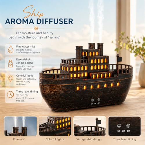 Image of Docoss Titanic Ship Aroma Diffuser for Home Electric with Remote | Essential Oil Diffuser for Home & Bedroom,Ultrasonic Humidifier with 7 LED Warm Lights & Quiet Operation,Electric Diffuser for Room