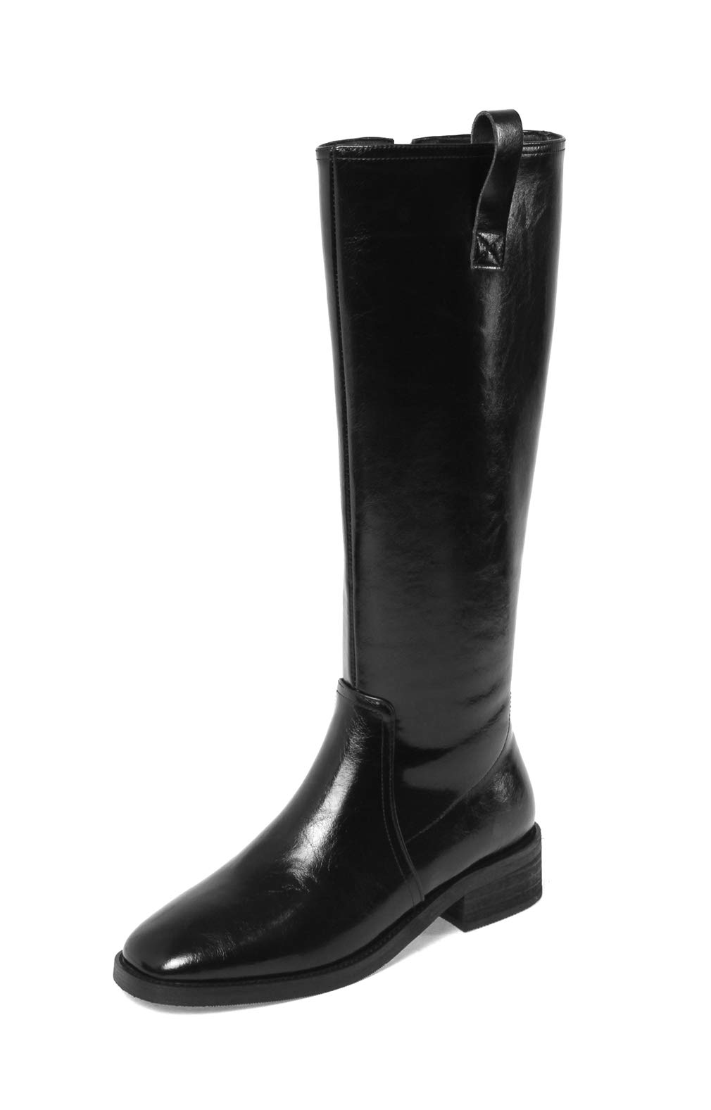 TinaCus Women's Handmade Genuine Leather Round Toe Low Block Heel Side Zip Up Western Style Knee High Riding Boots