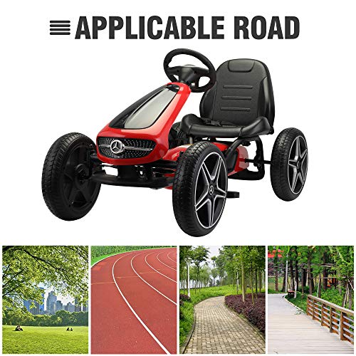 4 Wheel Pedal Go Kart, Kid’s Ride-on with Optional Installation Position Manual Brake Lever Music and Horn (Red)