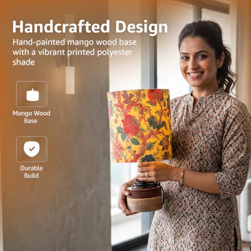 Image of Amazon Basics Phulwari Marigold Table Lamp | Hand-Painted Mango Wood Base with Printed Polyester Shade | E14 Holder | Decorative Night Lamp for Bedroom, Living Room & Study Room | Home Decor Gift