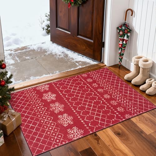 jinchan Snowflake Christmas Rug 2x3 for Entryway Washable Christmas Kitchen Rug Red Xmas Geometric Doormat Non-Slip Soft Small Floor Carpet Winter Lattice Holiday Decor for Bathroom Porch Bedside