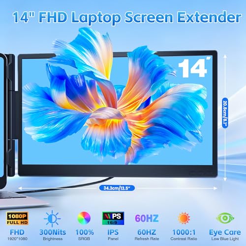 Image of Laptop Screen Extender, Ultra-lightweight 14 inch FHD 1080P IPS Dual Screen, Laptop Monitor Extender with USB-C /HDMI Port, Plug and Play Portable Monitor for 13-17 inch Laptops (Wins /Mac /Android / /Switch /PS5)