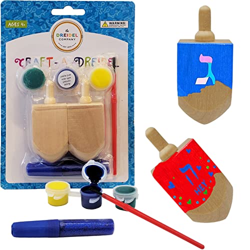 The Dreidel Company Craft-A-Dreidel, Create Your Own Custom Wooden Dreidel, Kit Includes 2 Wooden Dreidels, 3 Paint Colors, 1 Paint Brush, 1 Glitter Pen