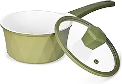 Panela antiaderente de cerâmica com tampa, panela pequena de 2 litros, design de diamante com alça fria, formas de molho não tóxicas para cozinha, sem PTFE e PFOA, pode ser lavada na