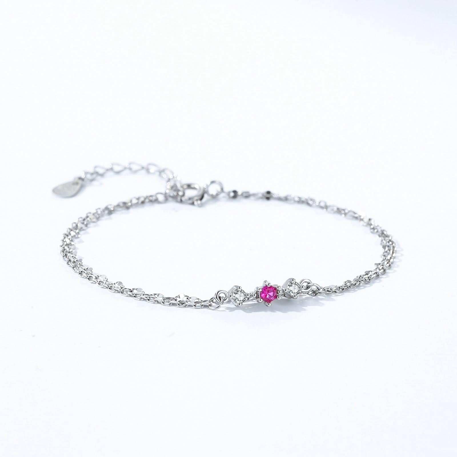 Bracelet Men Silver, Armband Freundschaft Doppellagige Kette mit Korund und Moissanit Silber 9K Weißgold 16+5cm