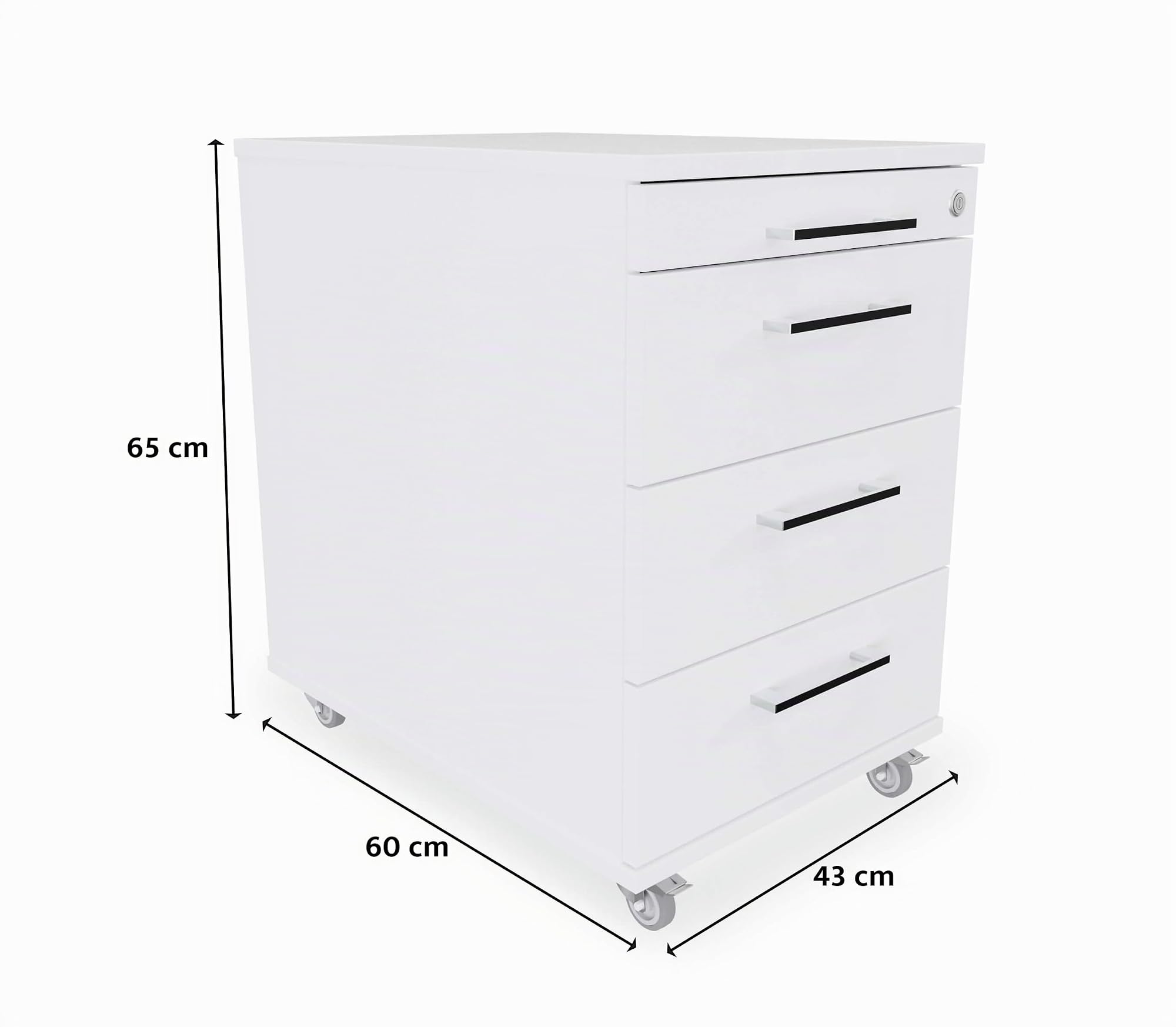 Rollcontainer 3 Schubladen + Materialauszug H 65 x B 43 x T 60 cm | Bürocontainer in Weiß | Schreibtischwagen abschließbar | Schubladenschrank für Schreibtisch aus eigener Fertigung