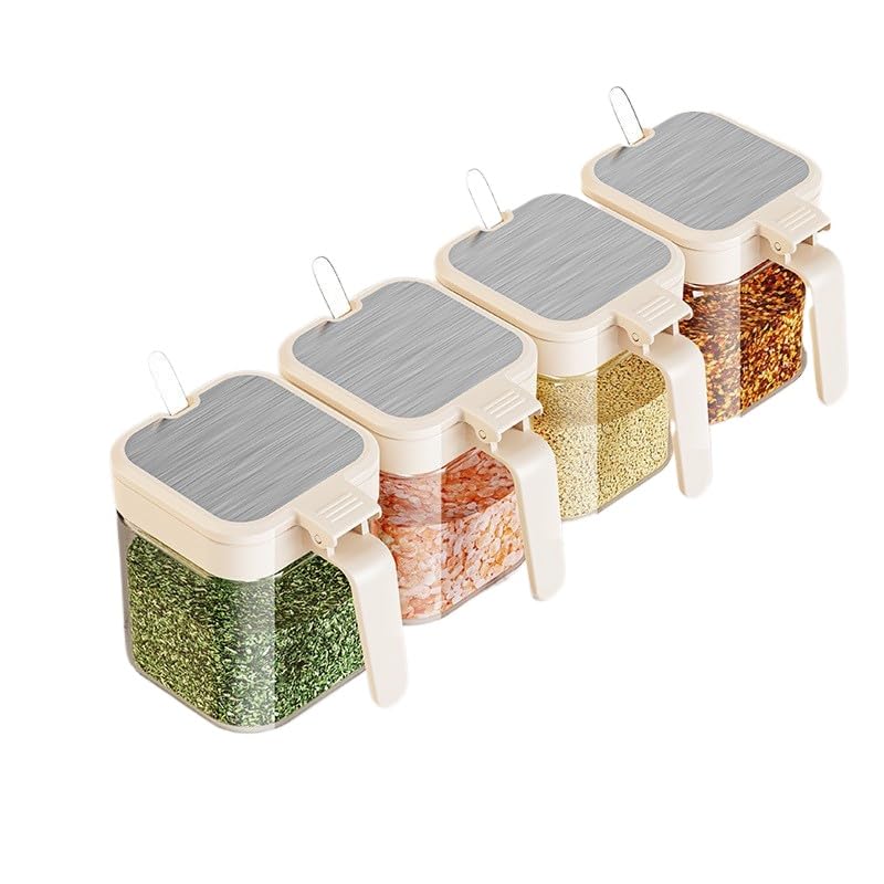 Set of 4 Glass Condiment Shakers 300ml Airtight Spice Bottle Kitchen Storage Moisture Proof Dustproof One Hand Open Salt Sugar Pepper Shakers Perfect Kitchen Organization Spoon Included white