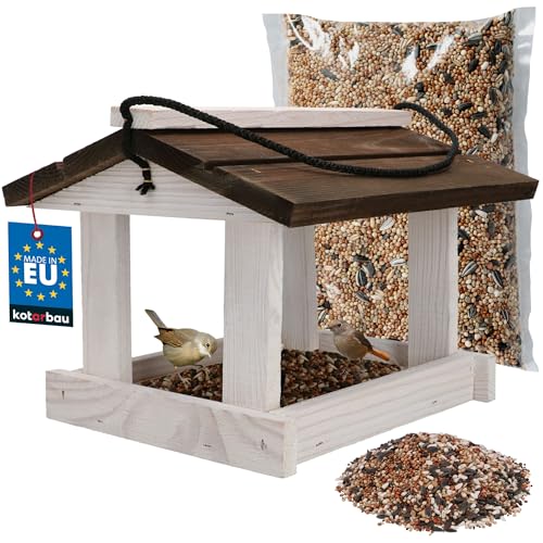 KOTARBAU® Vogelhaus zum Aufhängen - 21 x 23,5 cm - Vogelfutterhaus aus Holz - Weiß - Vogelhäuschen - mit braunem Dach - Vogelfutter 0,5 kg - Holzdeko für Garten
