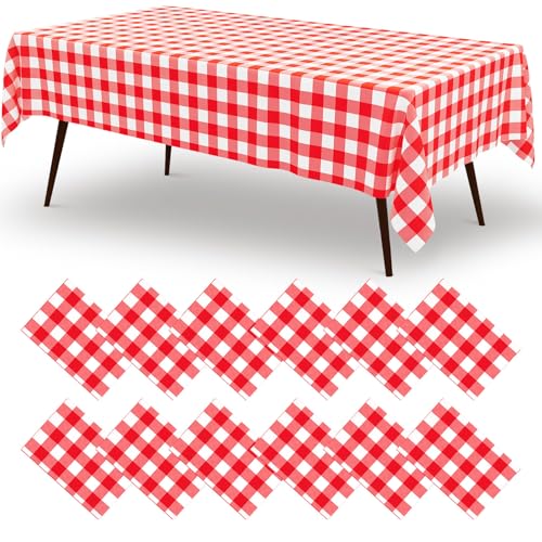 misaya 12 Packs Buffalo Disposable Table Cloth, 54 x 108 Inch Waterproof Plastic Tablecloth, Rectangle Red and White Checkered Table Covers for Picnic, Birthday, Party