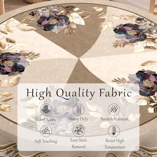 Image of Cloth Fusion Velvet Floral Round Shape Dining Table Cover Cloth 4 Seater with Stunning Gold Foil Design for Home Decor (60 Inch Round, Taupe)