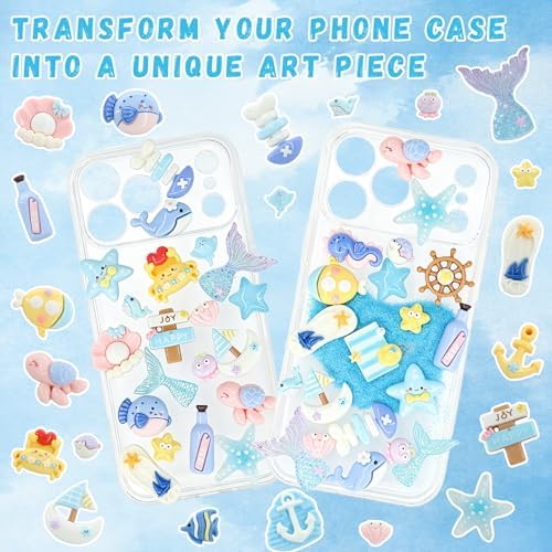 RidaaFri Junk Case Charms Kit, 3D Flatback Pearls Set, Blue Ocean Beach Themed Cute Starfish Turtles Mermaids Large Charms for DIY Craft Accessories - 2