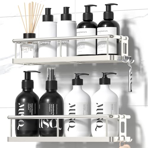 YASONIC Duschablage Ohne Bohren, 2 Stück Rostfreie Badezimmer Organizer, Schnelltrocknender Duschregal Ohne Bohren, Große Kapazität Shampoo Halterung für Dusche mit 2 Haken, Large Silber