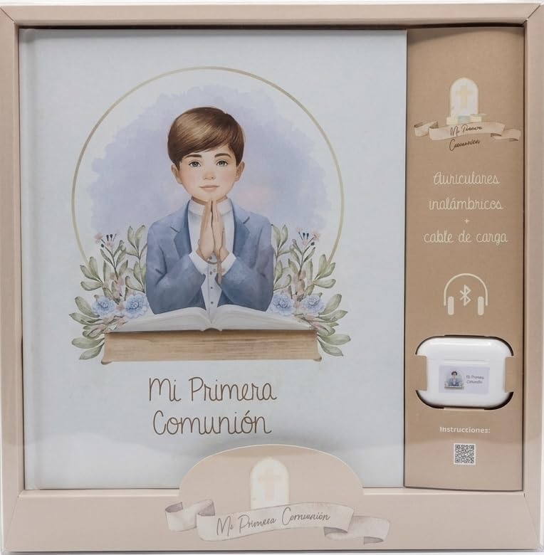 Álbum Mi Primera Comunión con Auriculares Bluetooth Personalizados | Set de Regalo Original para Niño | Ilustrado a Color con Páginas para Firmas, Fotos y Recuerdos | Ideal para Regalo de Familiares,