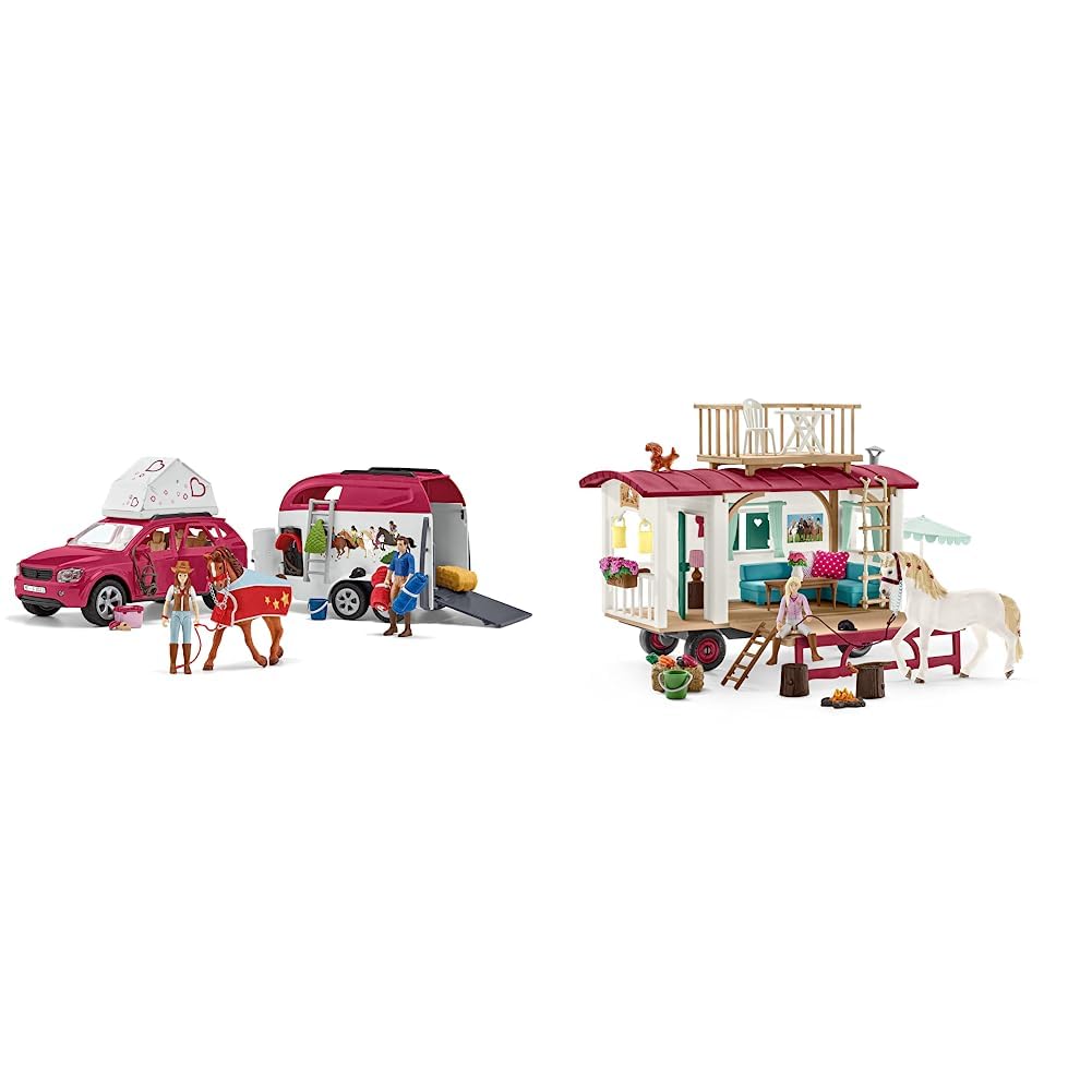 SCHLEICH 42535 Abenteuer mit Auto und Pferdeanhänger, 42593 Wohnwagen geheime Club-Treffen, für Kinder ab 5-12 Jahren, Horse Club - Spielset