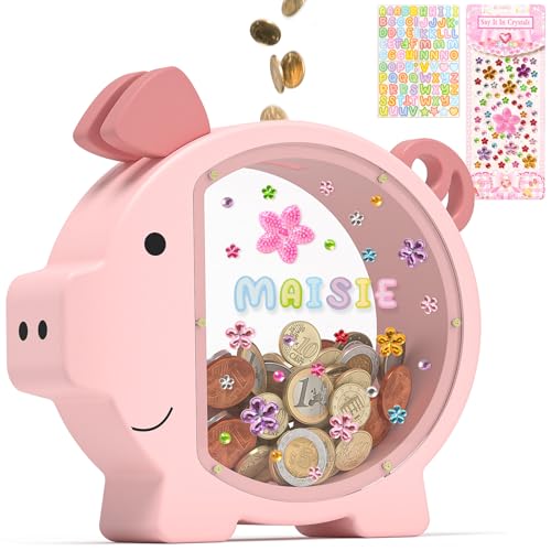 Summidate Pink Piggy Bank Girls, Unbreakable Wooden Piggy Bank for Kids, Cute Personalized Wood Money Bank with DIY Sticker, Creative Saving Money Box Birthday Decor(Patent Pending)