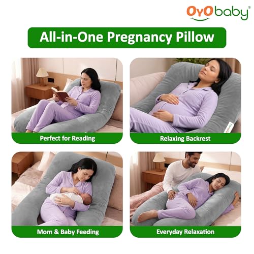 Image of OYO BABY Pregnancy Pillows for Sleeping U-Shape Full Body Pillow | Head-to-Toe Maternity Support for Back, Hips, Legs & Belly | Removable Washable Velvet Cover (Light Grey)
