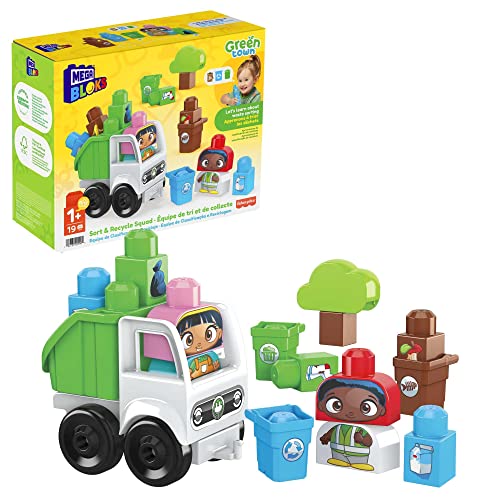 Mega Bloks First Builders Ville Verte, Camion brigade du recyclage, jeu de construction, 19 pièces dont gros blocs et 2 personnages, pour enfants et bébés...