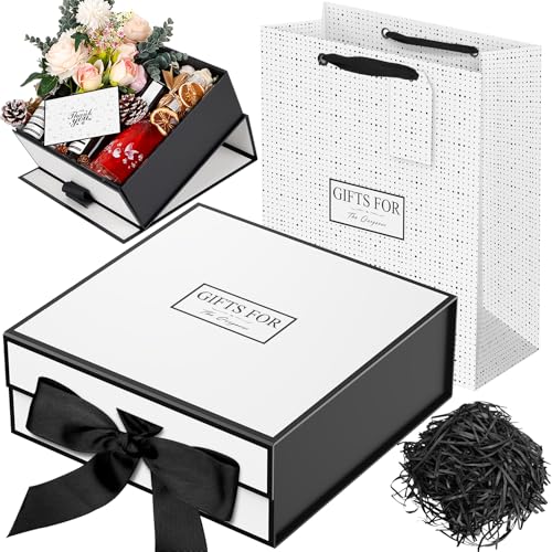 JiaWei ギフトボックス 蓋付き 磁気，ギフトバッグリボン パッケージボックスセット，付き手提げ用，細断紙グリーティング 24 x 24 x 9.5cm, 高級プレゼントぼっくす 箱, 蝶結び 贈り物, プレゼントボックス, 結婚式, 花嫁介添人, パーティー (ホワイト)