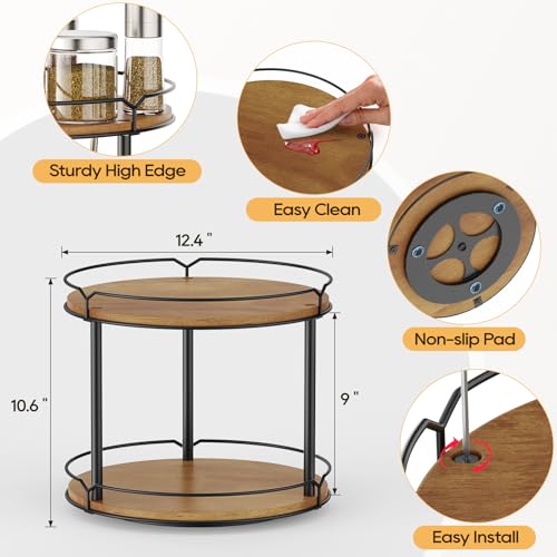 Image of 12.4 inch Lazy Susan Organizer 2 Tier, Rotating Spice Rack, Wooden Spinning Spice Holder for Inside Cabinet, Pantry, Kitchen, Countertop, Bathroom and Vanity, Versatile Storage