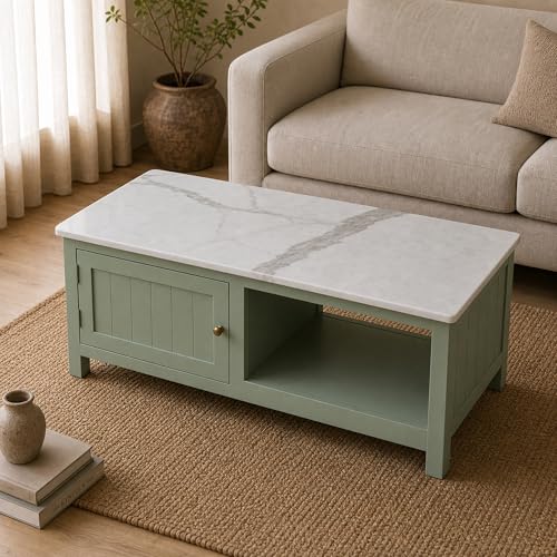 Image of Solid Wood Center Table| Premium Sintered Stone Coffee Table for Living Room | Wooden Centre Table | Finish- Premium Acrylic Sage Green