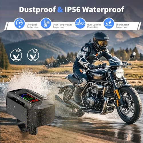 Image of Motorcycle USB Charger, 3-in-1 Fast Charging with USB-A & USB-C + Retractable Type-C Cable, 12-24V Waterproof IP56, LED Voltmeter, Handlebar & Mirror Mount for Motorbike ATV