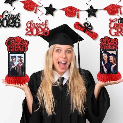 Image of Graduation Decorations 2026 - Red Congrats Grad Party Supplies Include Glitter We are So Proud of You Banner, Hanging Swirls and Honeycomb Centerpieces for Photo Toppers