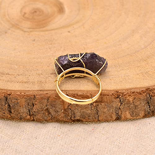 Natural Amethyst Crystal Rough Stone Wire Wrapped Ring, Yellow Gold Tone #TOP3